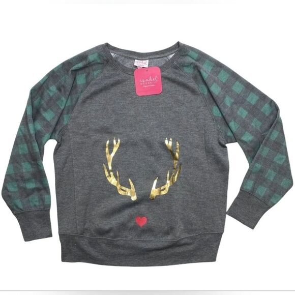 Isabel Maternity Plaid Reindeer Tunic Sweatshirt Women's XXL Gray Teal Gold NWT - Picture 1 of 8